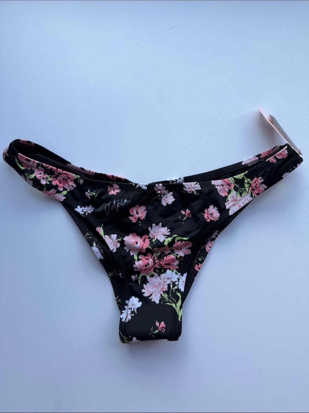 Victoria's Secret Black Floral Bikini Bottoms. Shades of Pink flowers & greenery